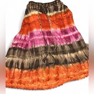 Vintage 100%Cotton TieDye Bohemian Free Size Drawstring Midi Skirt W Embroidery